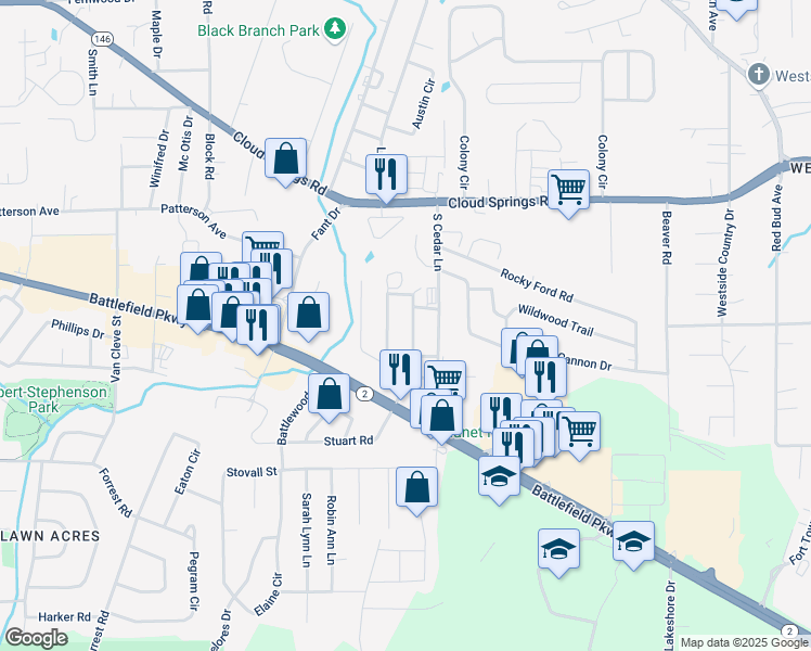 map of restaurants, bars, coffee shops, grocery stores, and more near 136 Stuart Road in Fort Oglethorpe