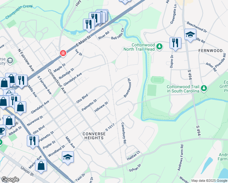 map of restaurants, bars, coffee shops, grocery stores, and more near 899 Brentwood Drive in Spartanburg
