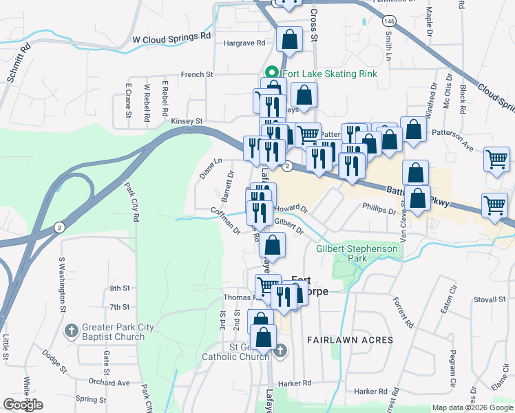 map of restaurants, bars, coffee shops, grocery stores, and more near 2498 Lafayette Road in Fort Oglethorpe