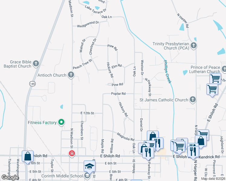 map of restaurants, bars, coffee shops, grocery stores, and more near 2101 Hickory Road in Corinth