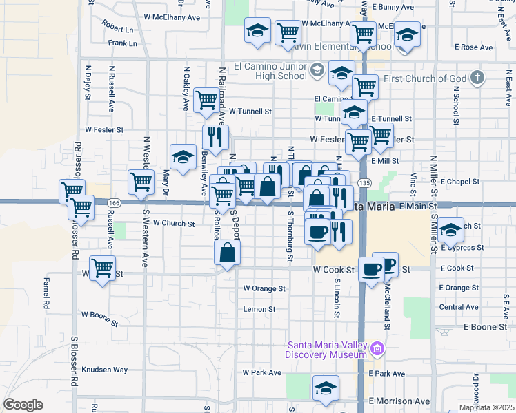map of restaurants, bars, coffee shops, grocery stores, and more near 518 California 166 in Santa Maria