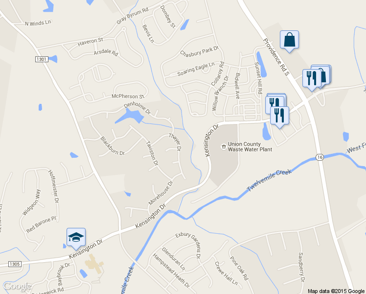 map of restaurants, bars, coffee shops, grocery stores, and more near 3011 Thayer Drive in Waxhaw