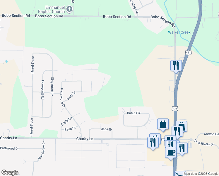 map of restaurants, bars, coffee shops, grocery stores, and more near 142 Easy Street in Hazel Green