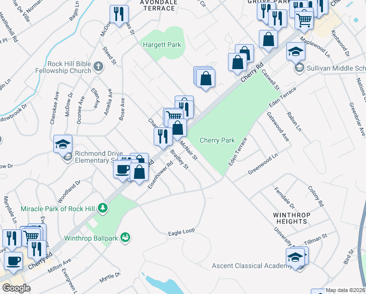 map of restaurants, bars, coffee shops, grocery stores, and more near 1308 Cherry Road in Rock Hill