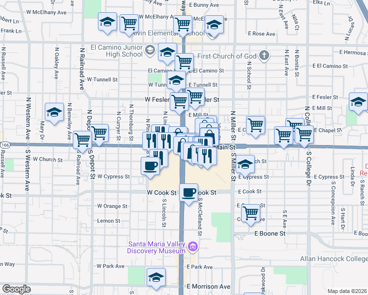 map of restaurants, bars, coffee shops, grocery stores, and more near in Santa Maria