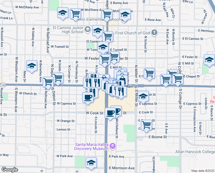 map of restaurants, bars, coffee shops, grocery stores, and more near 416 Carmen Lane in Santa Maria