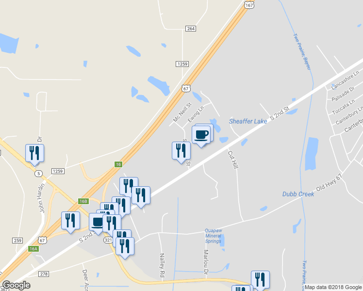 map of restaurants, bars, coffee shops, grocery stores, and more near 2805 Southfork Drive in Cabot