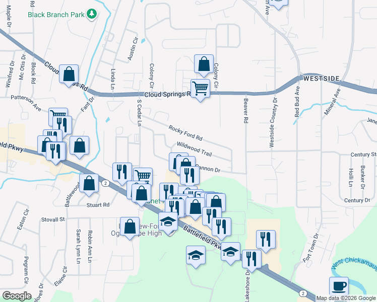 map of restaurants, bars, coffee shops, grocery stores, and more near 1601 Wildwood Trail in Fort Oglethorpe