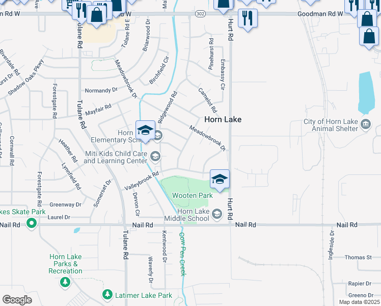 map of restaurants, bars, coffee shops, grocery stores, and more near 6325 Valleybrook Cove in Horn Lake