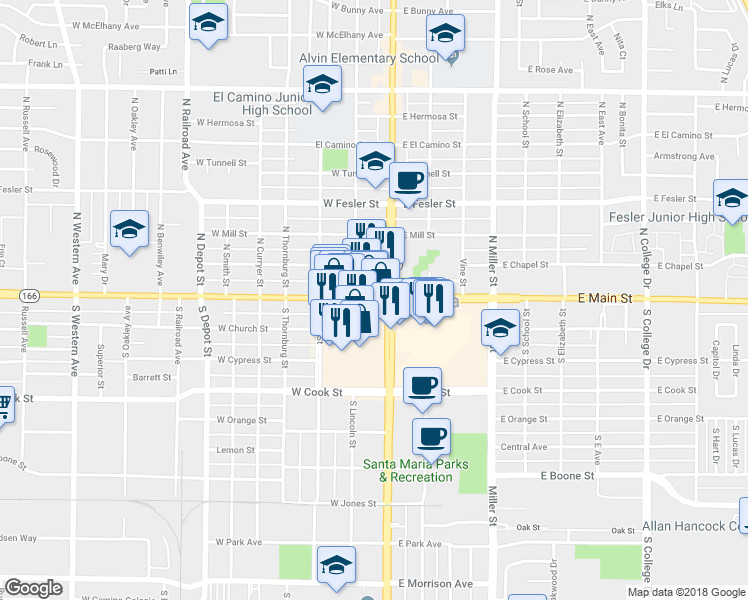 map of restaurants, bars, coffee shops, grocery stores, and more near 110 West Main Street in Santa Maria
