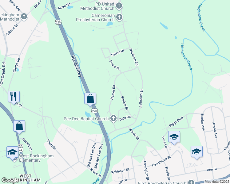 map of restaurants, bars, coffee shops, grocery stores, and more near 130 Hamer Road in Rockingham