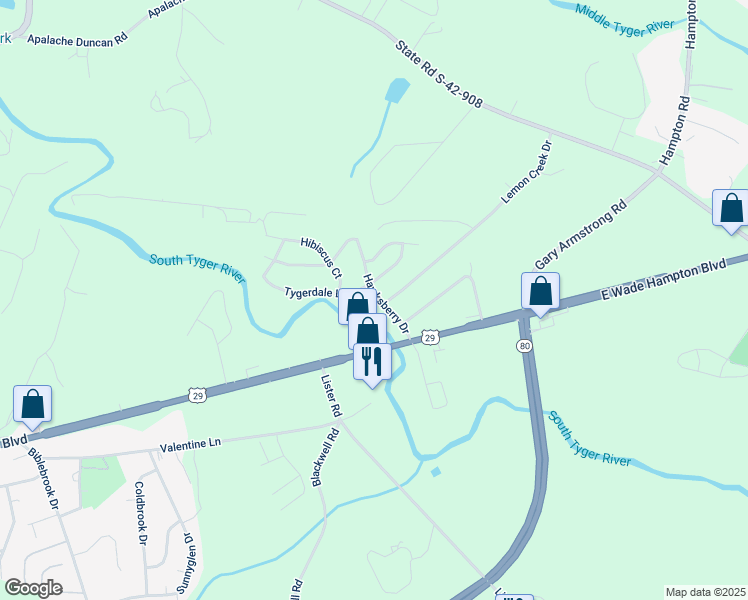 map of restaurants, bars, coffee shops, grocery stores, and more near 245 Hawksberry Drive in Greer