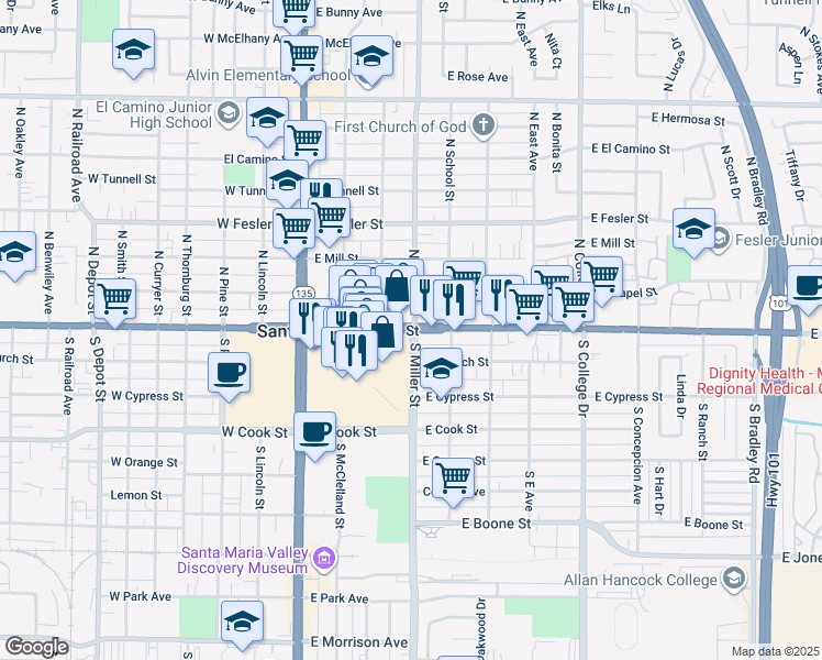 map of restaurants, bars, coffee shops, grocery stores, and more near 101 Miller Street in Santa Maria
