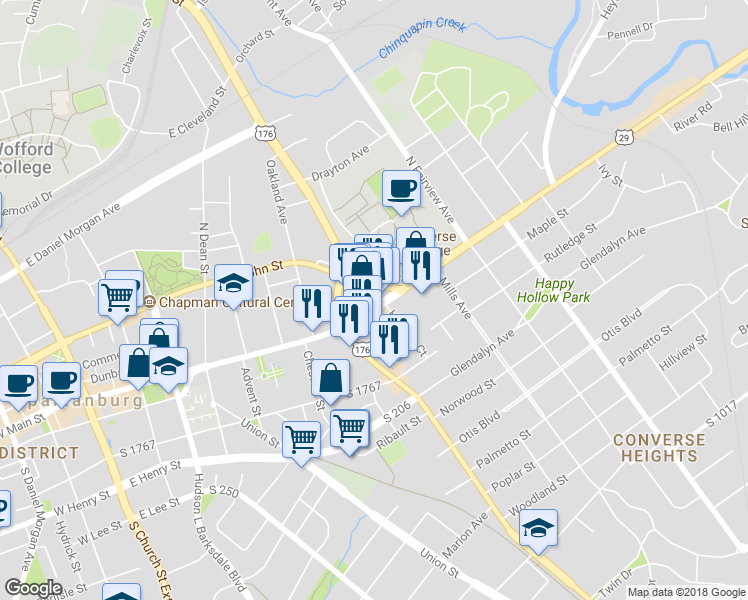 map of restaurants, bars, coffee shops, grocery stores, and more near 500 Galbraith Street in Spartanburg