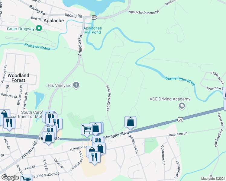 map of restaurants, bars, coffee shops, grocery stores, and more near 108 Fernwood Drive in Greer