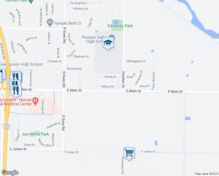 map of restaurants, bars, coffee shops, grocery stores, and more near 1734 Bilbao Drive in Santa Maria