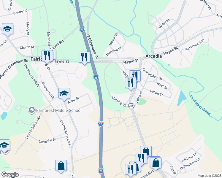 map of restaurants, bars, coffee shops, grocery stores, and more near 280 Morning Circle in Spartanburg
