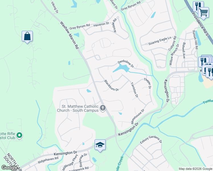map of restaurants, bars, coffee shops, grocery stores, and more near 3006 Blackburn Drive in Waxhaw