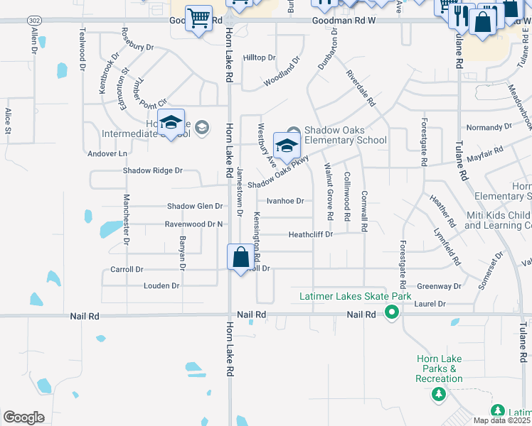 map of restaurants, bars, coffee shops, grocery stores, and more near 3880 Warrington Drive in Horn Lake