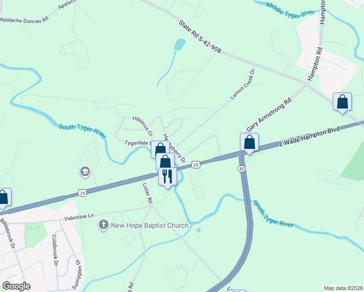 map of restaurants, bars, coffee shops, grocery stores, and more near 185 Lemon Creek Drive in Lyman