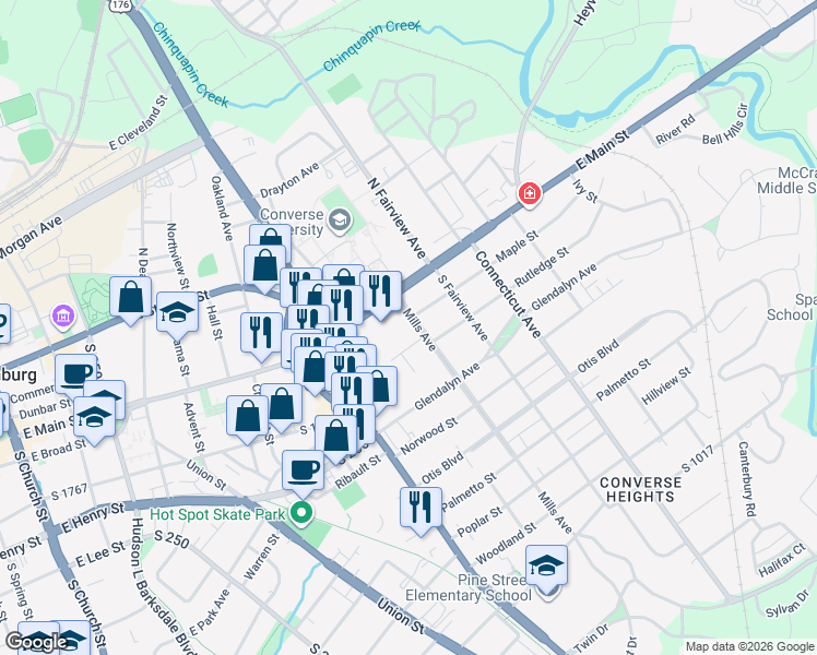map of restaurants, bars, coffee shops, grocery stores, and more near 142 Mills Avenue in Spartanburg