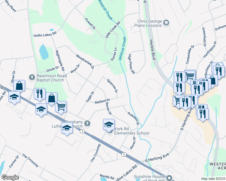 map of restaurants, bars, coffee shops, grocery stores, and more near 2311 Sparrow Drive in Rock Hill