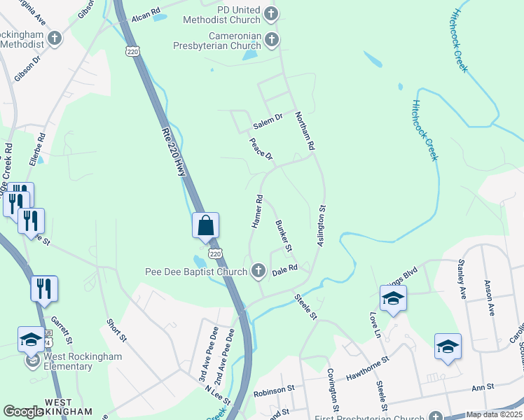 map of restaurants, bars, coffee shops, grocery stores, and more near 130 Hamer Road in Rockingham