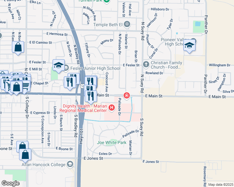 map of restaurants, bars, coffee shops, grocery stores, and more near 1411 East Main Street in Santa Maria