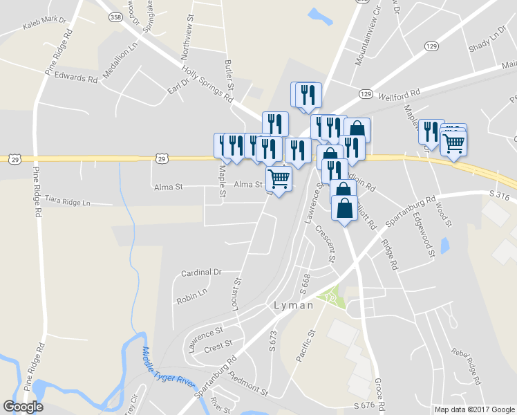 map of restaurants, bars, coffee shops, grocery stores, and more near 201 Maple Street in Lyman