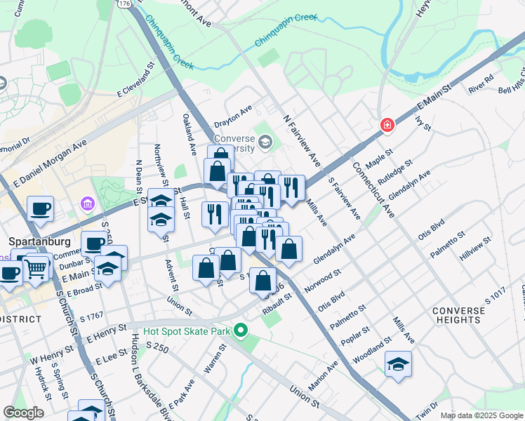 map of restaurants, bars, coffee shops, grocery stores, and more near 500 Galbraith Street in Spartanburg