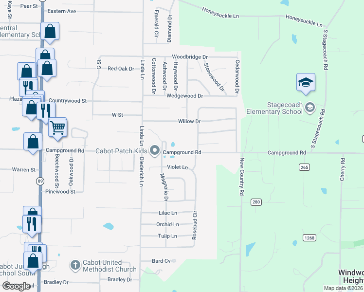 map of restaurants, bars, coffee shops, grocery stores, and more near 1420 Campground Road in Cabot
