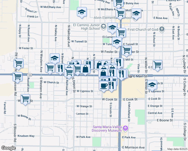 map of restaurants, bars, coffee shops, grocery stores, and more near 61 South Thornburg Street in Santa Maria