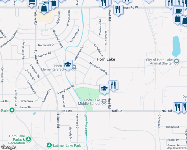 map of restaurants, bars, coffee shops, grocery stores, and more near 6325 Valleybrook Cove in Horn Lake