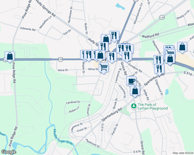 map of restaurants, bars, coffee shops, grocery stores, and more near 201 Maple Street in Lyman
