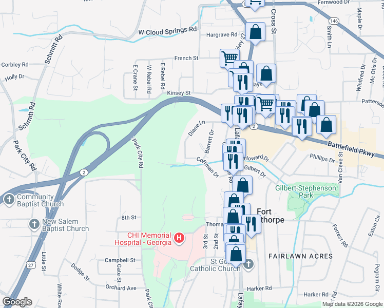map of restaurants, bars, coffee shops, grocery stores, and more near 149 Coffman Drive in Fort Oglethorpe