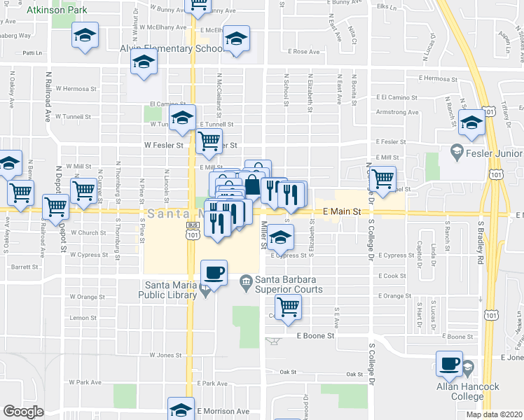 map of restaurants, bars, coffee shops, grocery stores, and more near East Main Street & Miller Street in Santa Maria