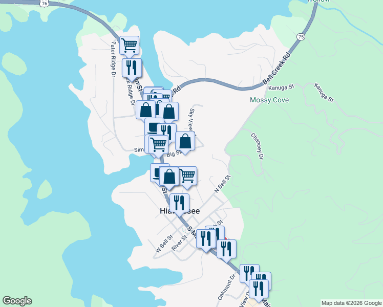 map of restaurants, bars, coffee shops, grocery stores, and more near 318 Big Sky Drive in Hiawassee