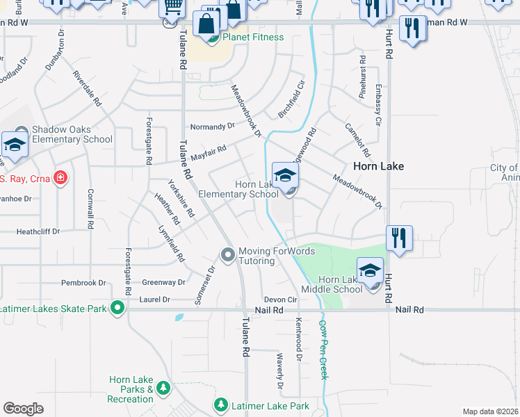 map of restaurants, bars, coffee shops, grocery stores, and more near 6350 Greenbriar Drive in Horn Lake