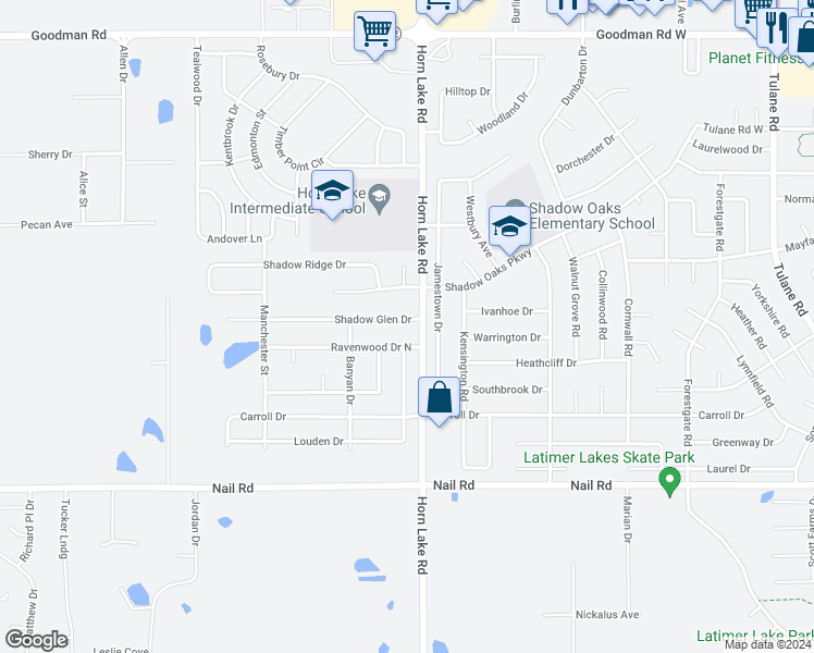 map of restaurants, bars, coffee shops, grocery stores, and more near 4039 Shadow Glen Drive in Horn Lake