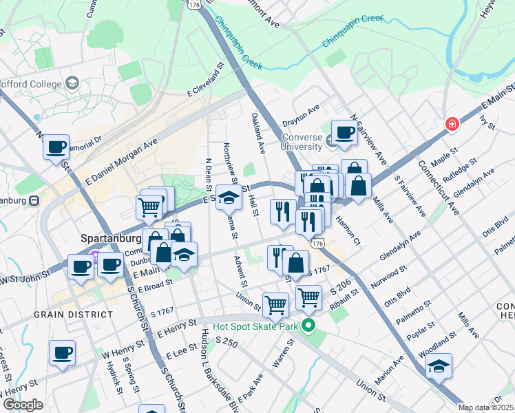map of restaurants, bars, coffee shops, grocery stores, and more near 158 Hall Street in Spartanburg