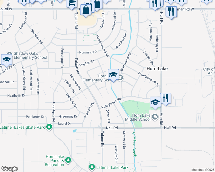 map of restaurants, bars, coffee shops, grocery stores, and more near 6350 Greenbriar Drive in Horn Lake