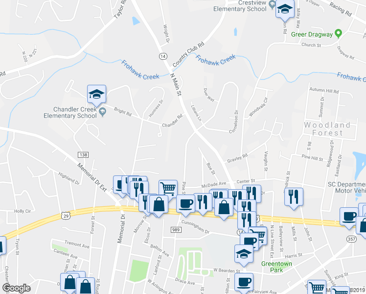 map of restaurants, bars, coffee shops, grocery stores, and more near 225 Pine Street Extension in Greer