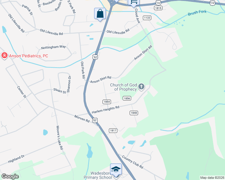 map of restaurants, bars, coffee shops, grocery stores, and more near 59 Bennett Heights Road in Wadesboro