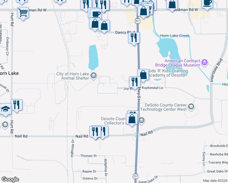 map of restaurants, bars, coffee shops, grocery stores, and more near 6233 Joy Boulevard in Horn Lake