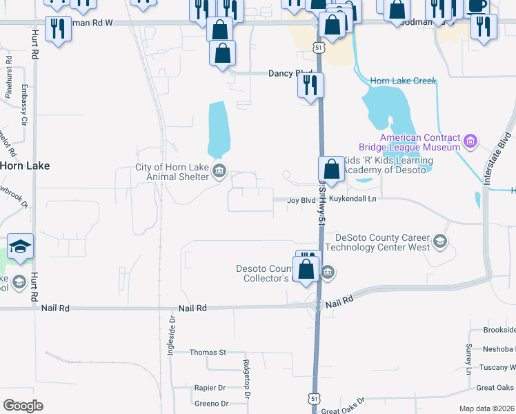 map of restaurants, bars, coffee shops, grocery stores, and more near 1493 Audrey Lane in Horn Lake