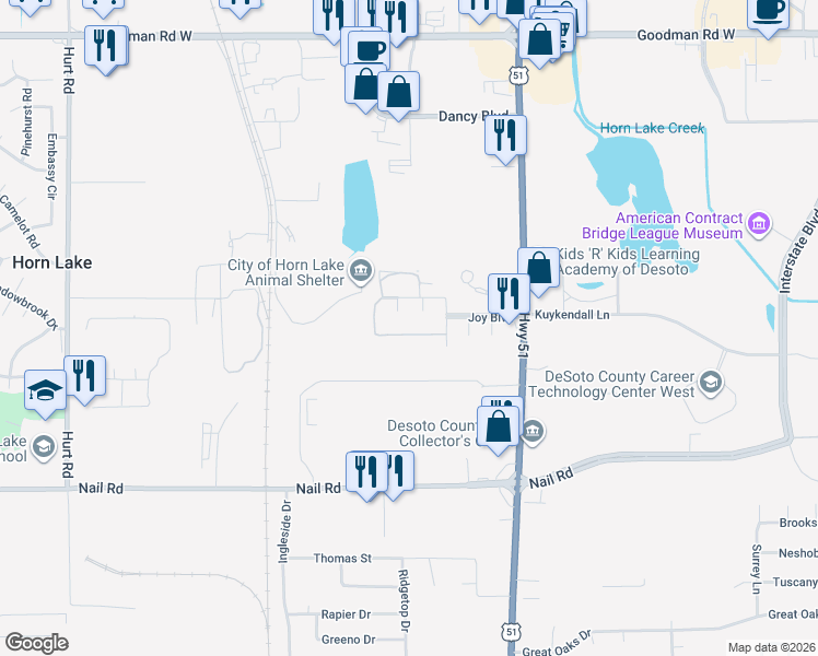 map of restaurants, bars, coffee shops, grocery stores, and more near 1493 Audrey Lane in Horn Lake