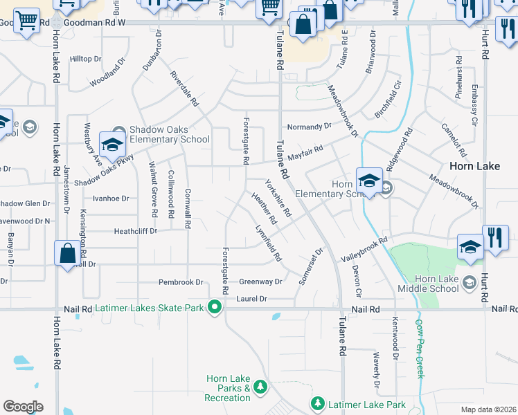 map of restaurants, bars, coffee shops, grocery stores, and more near 6455 Heather Road in Horn Lake