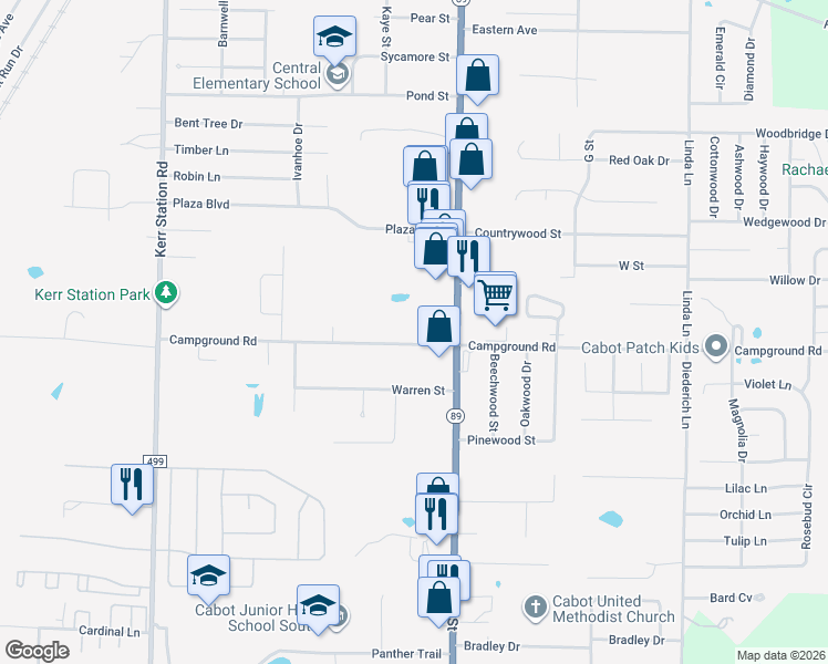 map of restaurants, bars, coffee shops, grocery stores, and more near 709 Campground Road in Cabot