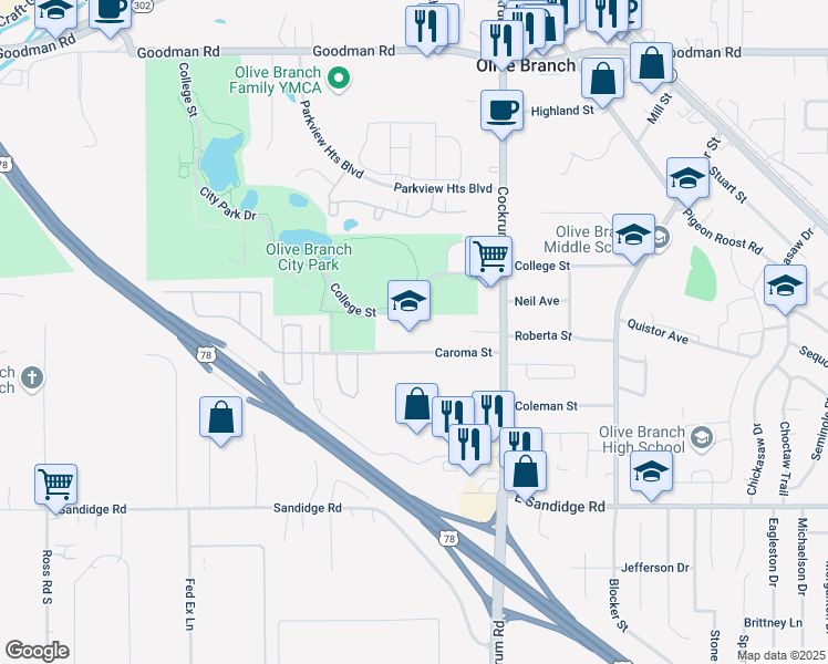 map of restaurants, bars, coffee shops, grocery stores, and more near 8804 Caroma Street in Olive Branch