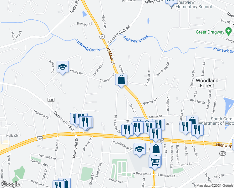 map of restaurants, bars, coffee shops, grocery stores, and more near 225 Pine Street Extension in Greer